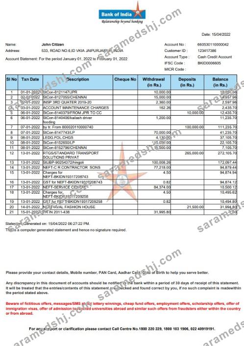 India Bank of India statement